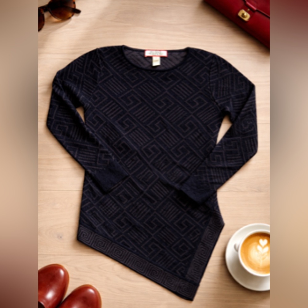 Asymmetric Black Geometric Tribal Print Luxury Baby Alpaca Women's Small Sweater